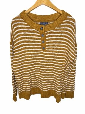 American Eagle Striped Sweater M Brown White Button Cozy Knit Jegging Fit